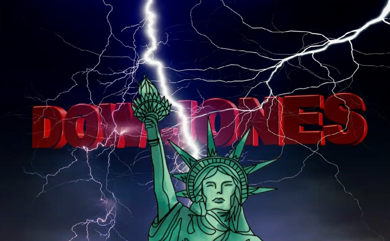 ダウ平均株価の連続下落を象徴するダウジョンズのロゴと雷が落ちる自由の女神