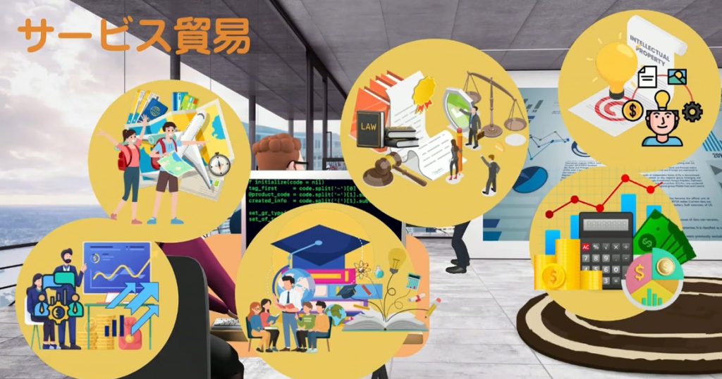 サービス貿易とは?
知的財産、金融、法律、教育、観光、コンサルティングなど、「形のない価値」をやり取りする分野