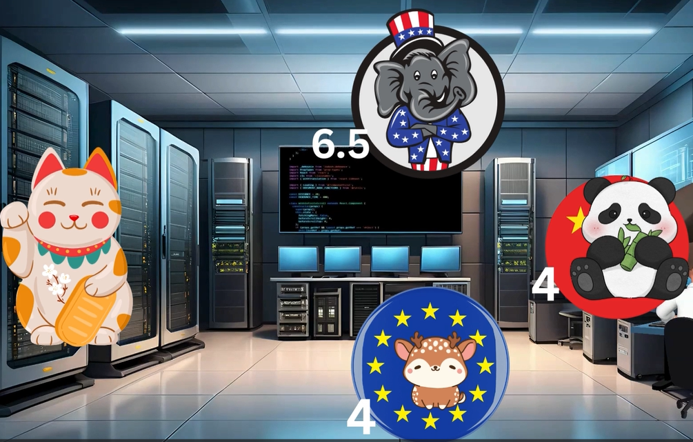 日本の経済規模は、アメリカの約6.5分の1、欧州や中国のおよそ4分の1程度。それを視覚的に表すイメージ図。